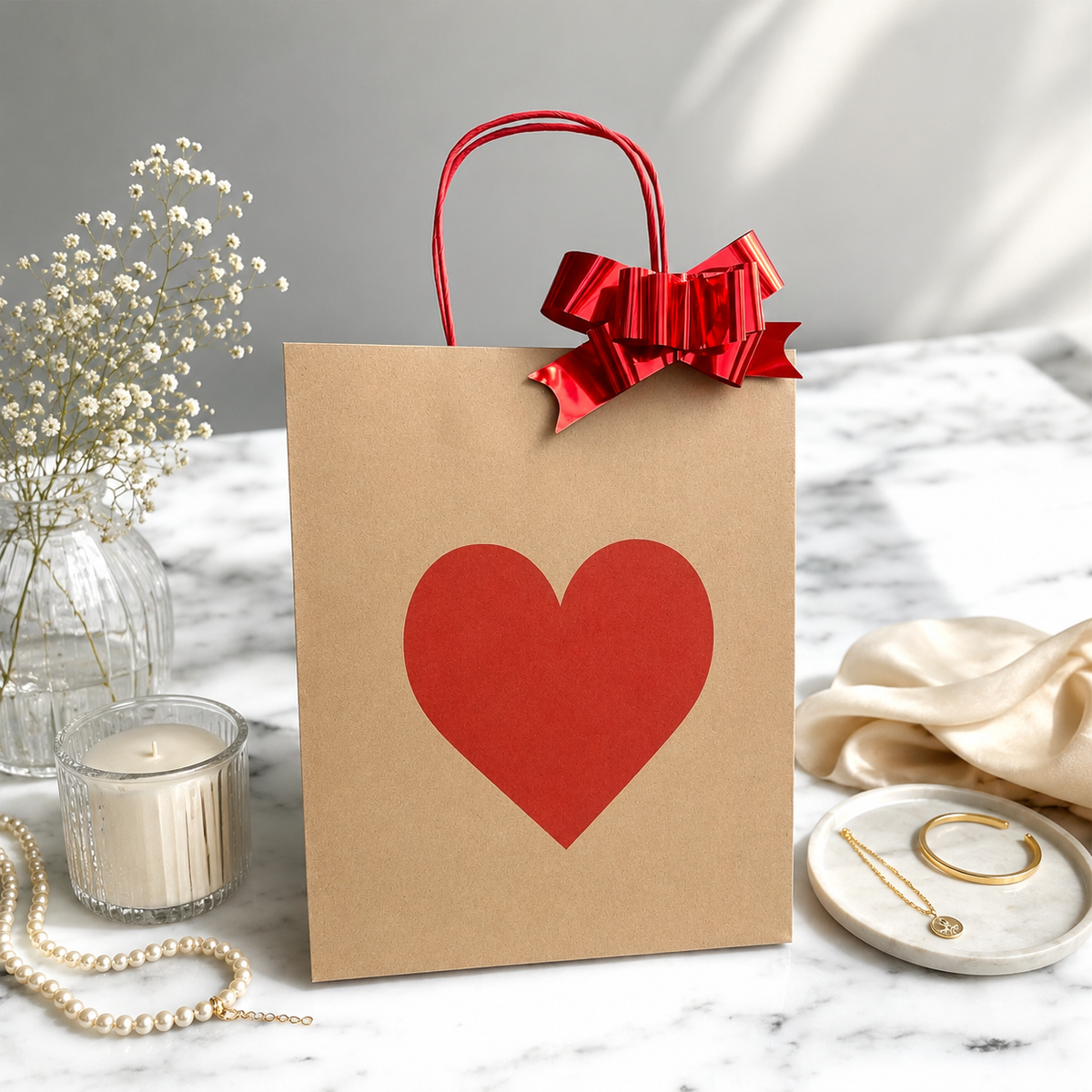 Toptan Kalp Baskılı Kraft Kağıt Çanta – 18x24 + 25x31 cm | 500'lü Set