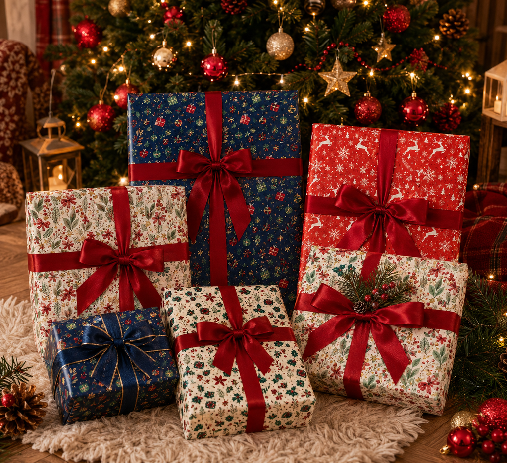 Toptan Yılbaşı Hediye Paketi Kağıdı 50x70 cm – Noel Temalı | 48'li Set