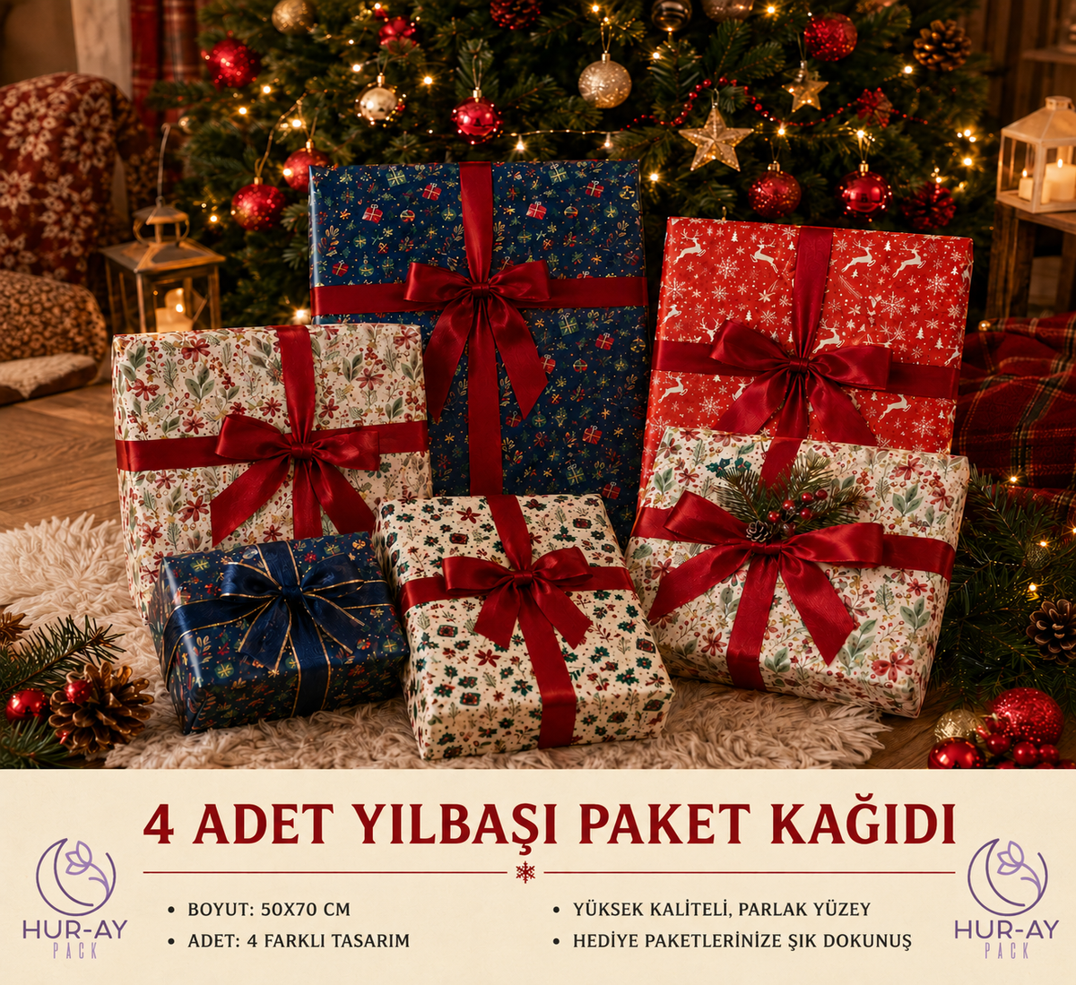 Yılbaşı Hediye Paketi Kağıdı 50x70 cm – Noel Temalı | 4'lü Set