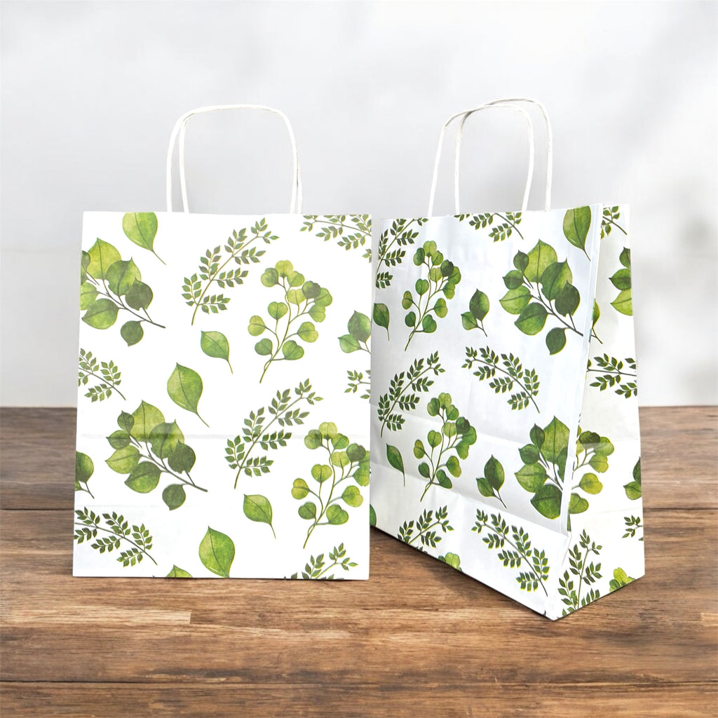Yaprak Baskılı Beyaz Kağıt Çanta 25x31 cm – Özel Tasarım | 24 Adet
