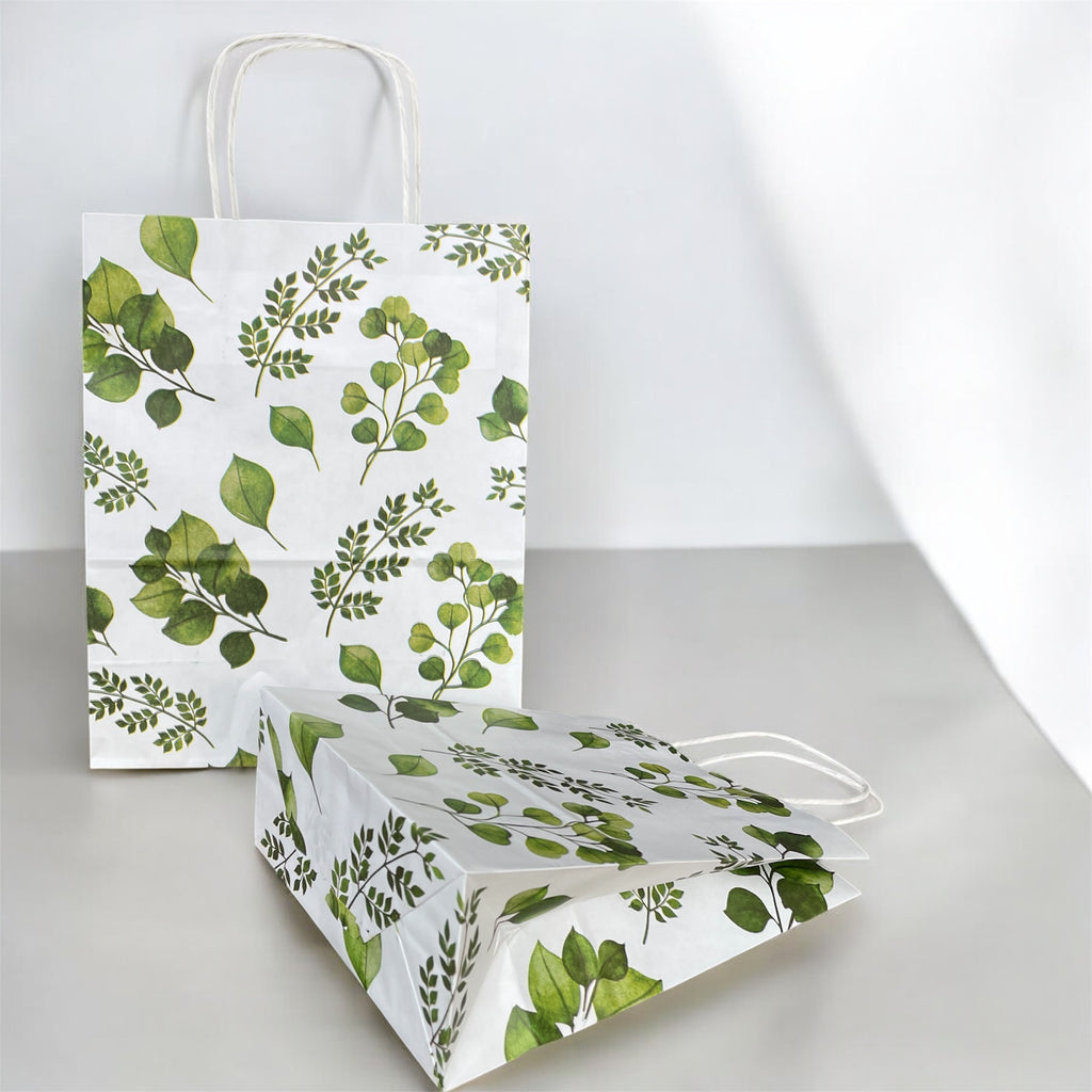 Yaprak Baskılı Beyaz Kağıt Çanta 18x24 cm – Özel Tasarım | 24 Adet
