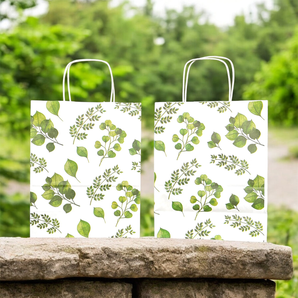 Yaprak Baskılı Beyaz Kağıt Çanta 25x31 cm – Özel Tasarım | 24 Adet