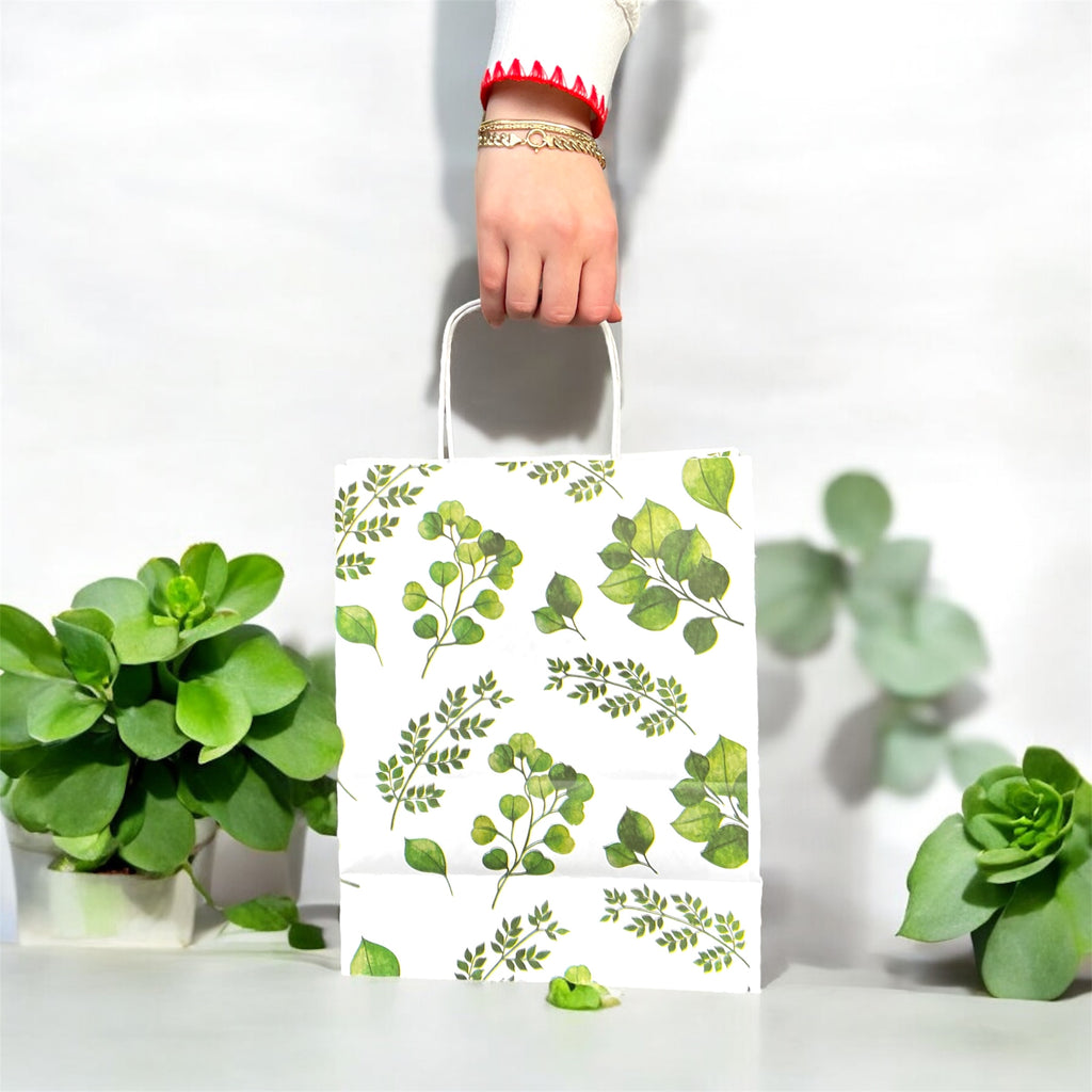 Toptan Yaprak Baskılı Beyaz Kağıt Çanta – 18x24 + 25x31 cm | 500'lü Set