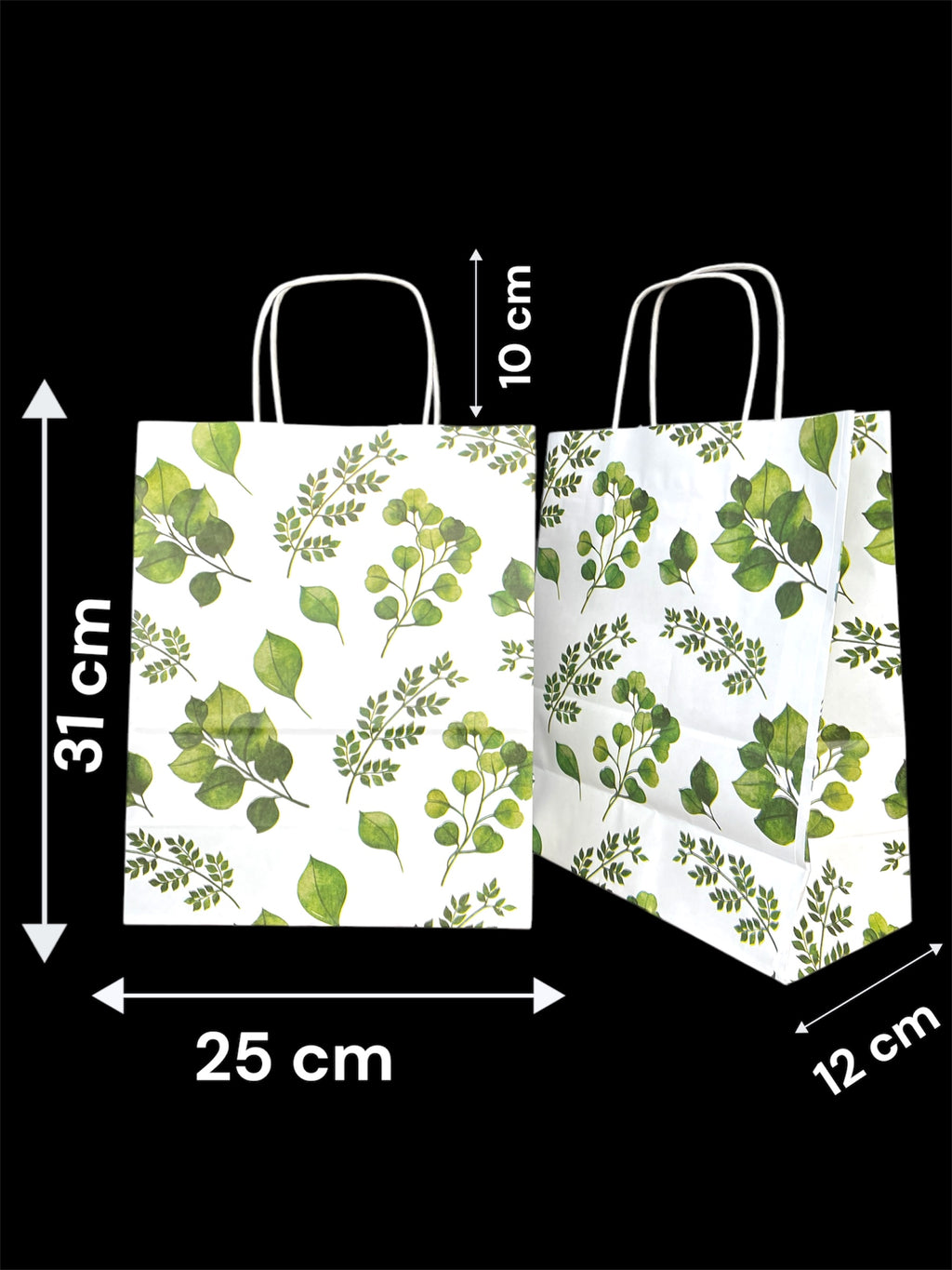 Yaprak Baskılı Beyaz Kağıt Çanta 25x31 cm – Özel Tasarım | 24 Adet