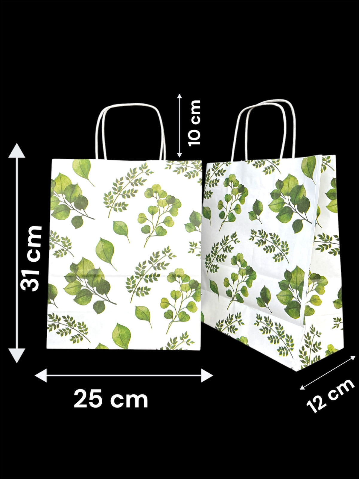 Yaprak Baskılı Beyaz Kağıt Çanta 25x31 cm – Özel Tasarım | 24 Adet