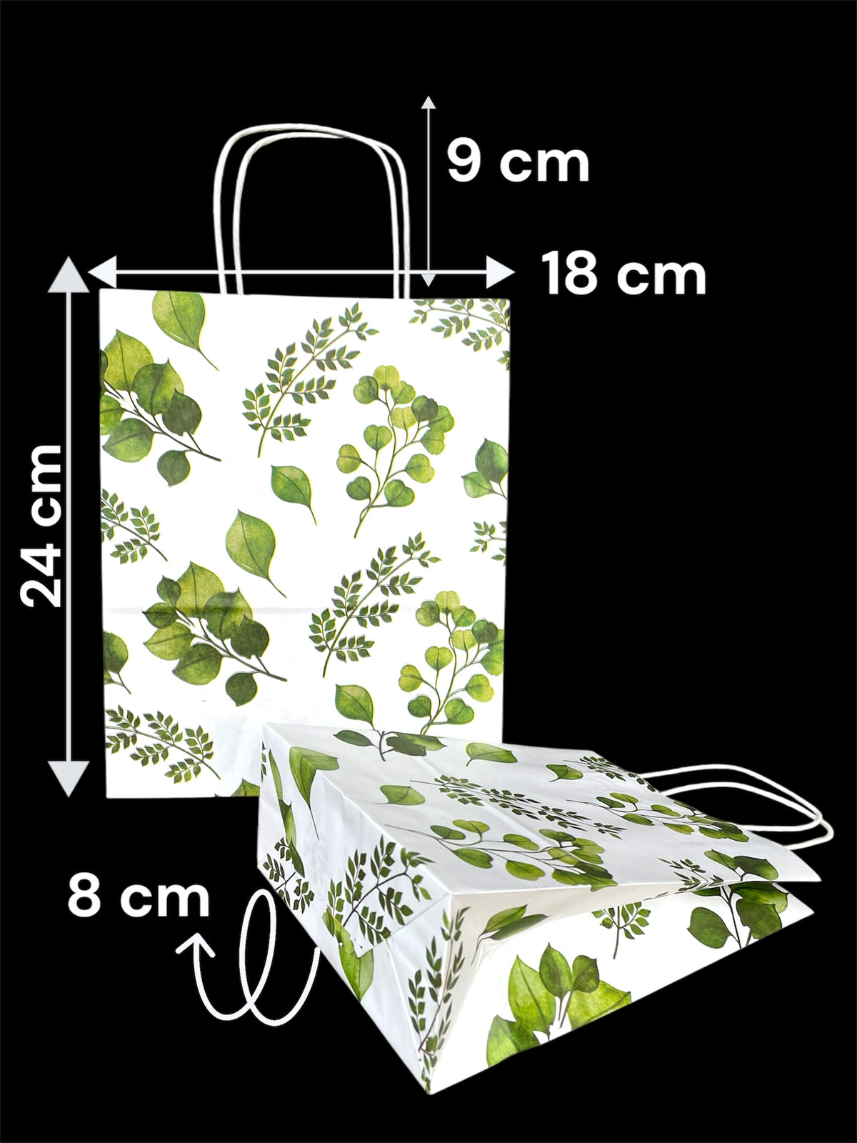 Toptan Yaprak Baskılı Beyaz Kağıt Çanta – 18x24 + 25x31 cm | 500'lü Set